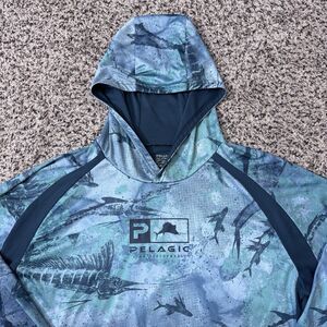 Pelagic Hoodie Mens XL Blue Vaportek Performance Fishing Hoodie Flawed Hem